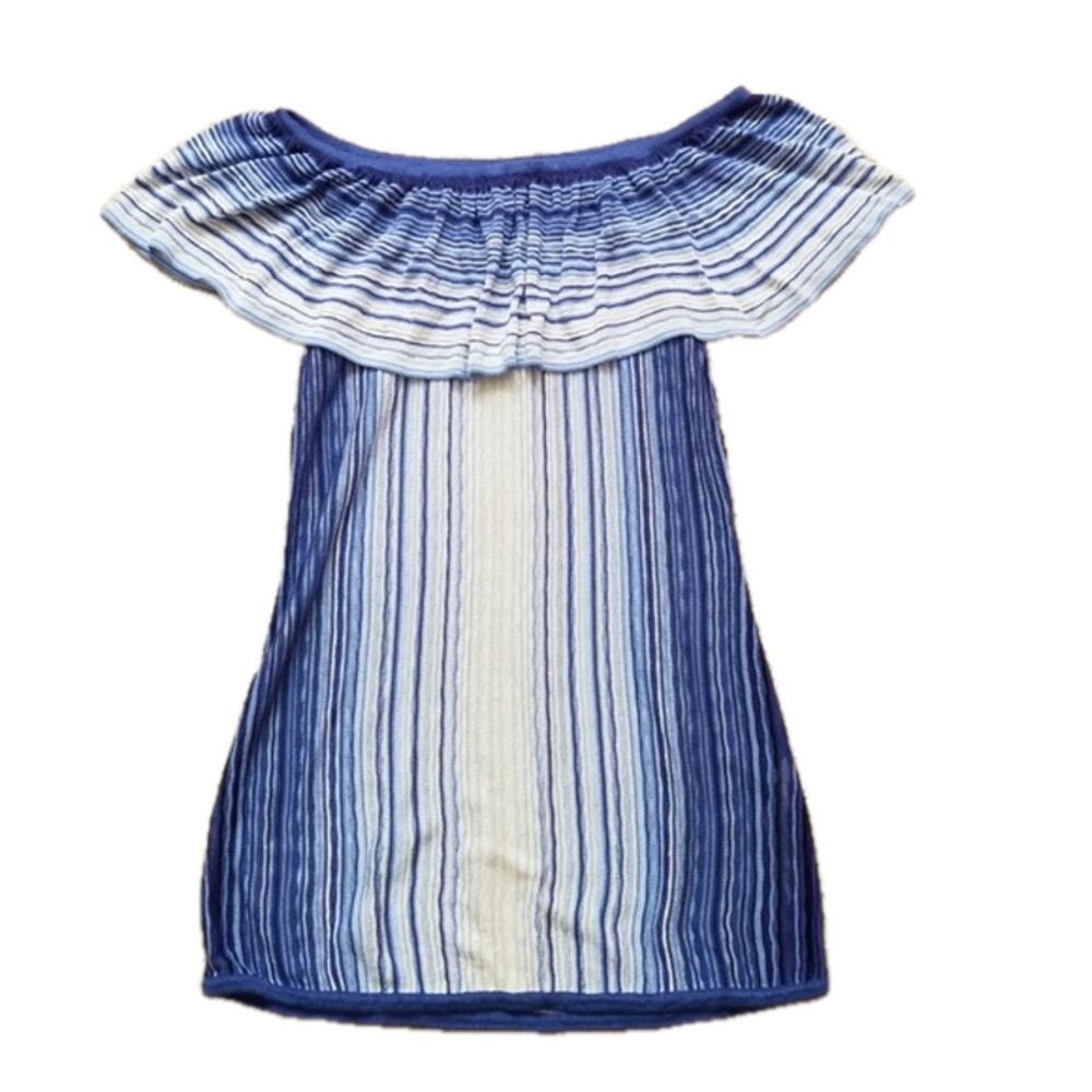 WHBM Off-the-Shoulder Flounce Blue Striped Summer Sweater Size XS 💙 🌊💙 NWT - Picture 4 of 6